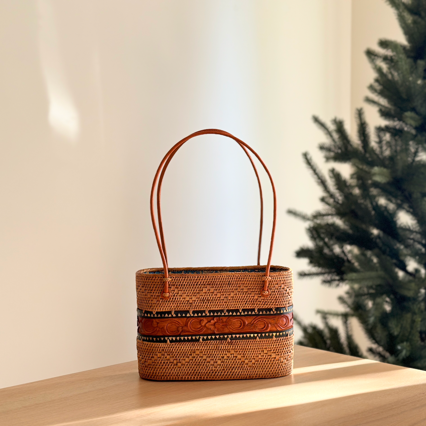 Bali Rattan Handbag - Wood Carving