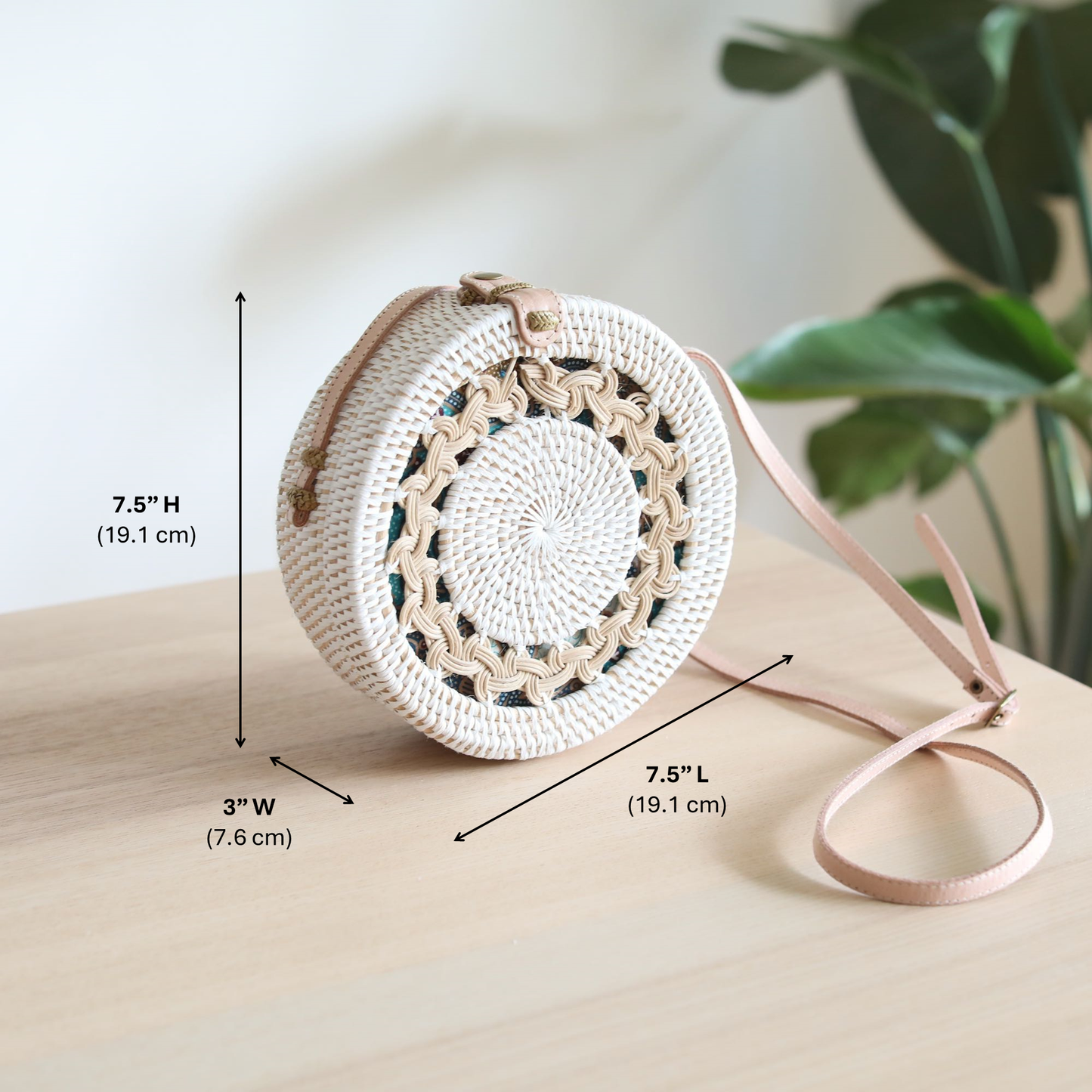 Bali White Floral Round Rattan Crossbody Bag