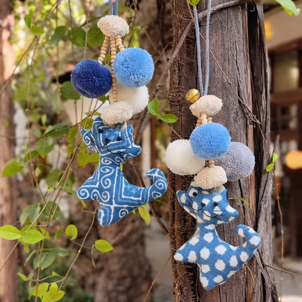 Indigo Cat Bag Charm with Pompom