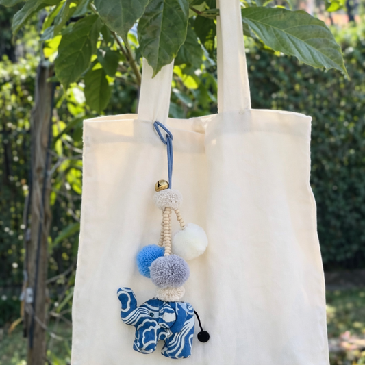 Indigo Elephant Bag Charm with Pompom