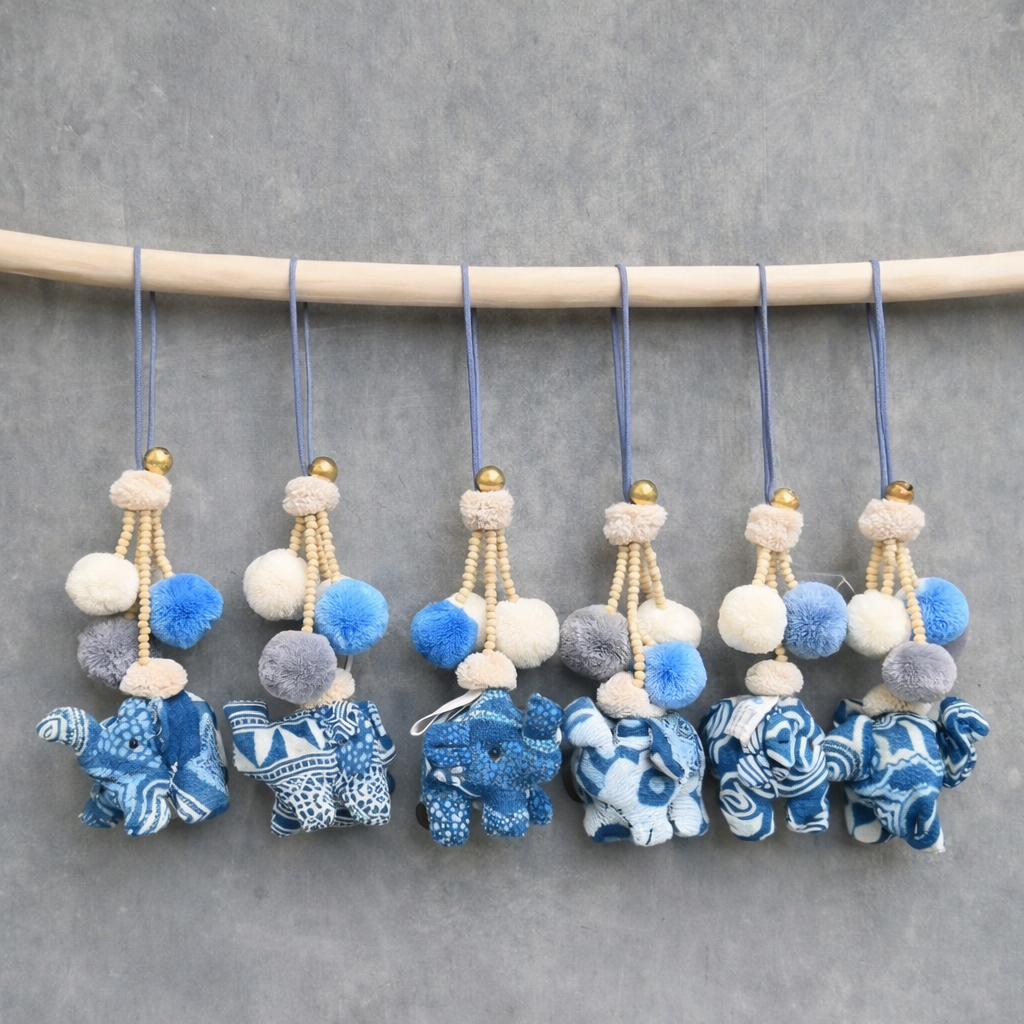 Indigo Elephant Bag Charm with Pompom