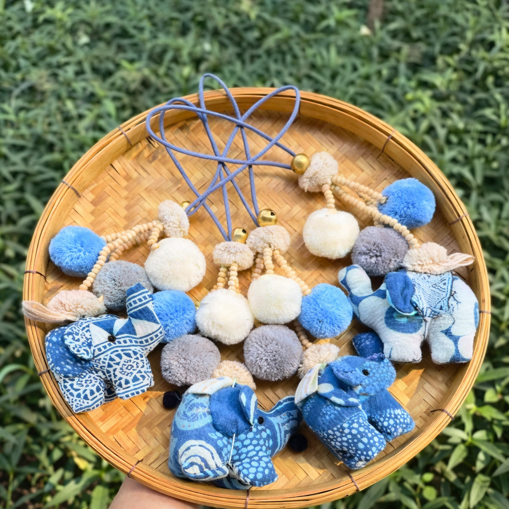 Indigo Elephant Bag Charm with Pompom