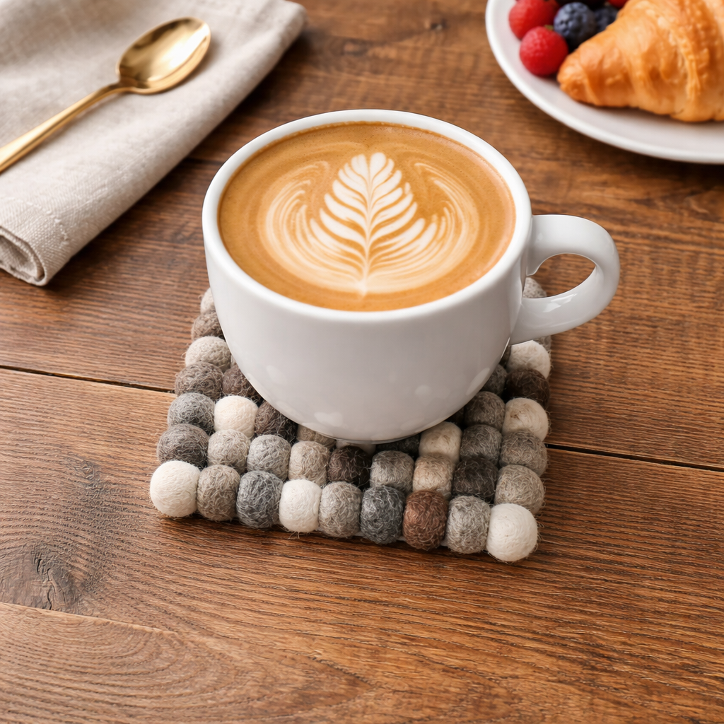 Felt Ball Gray Square Cup Coasters - Set of 4