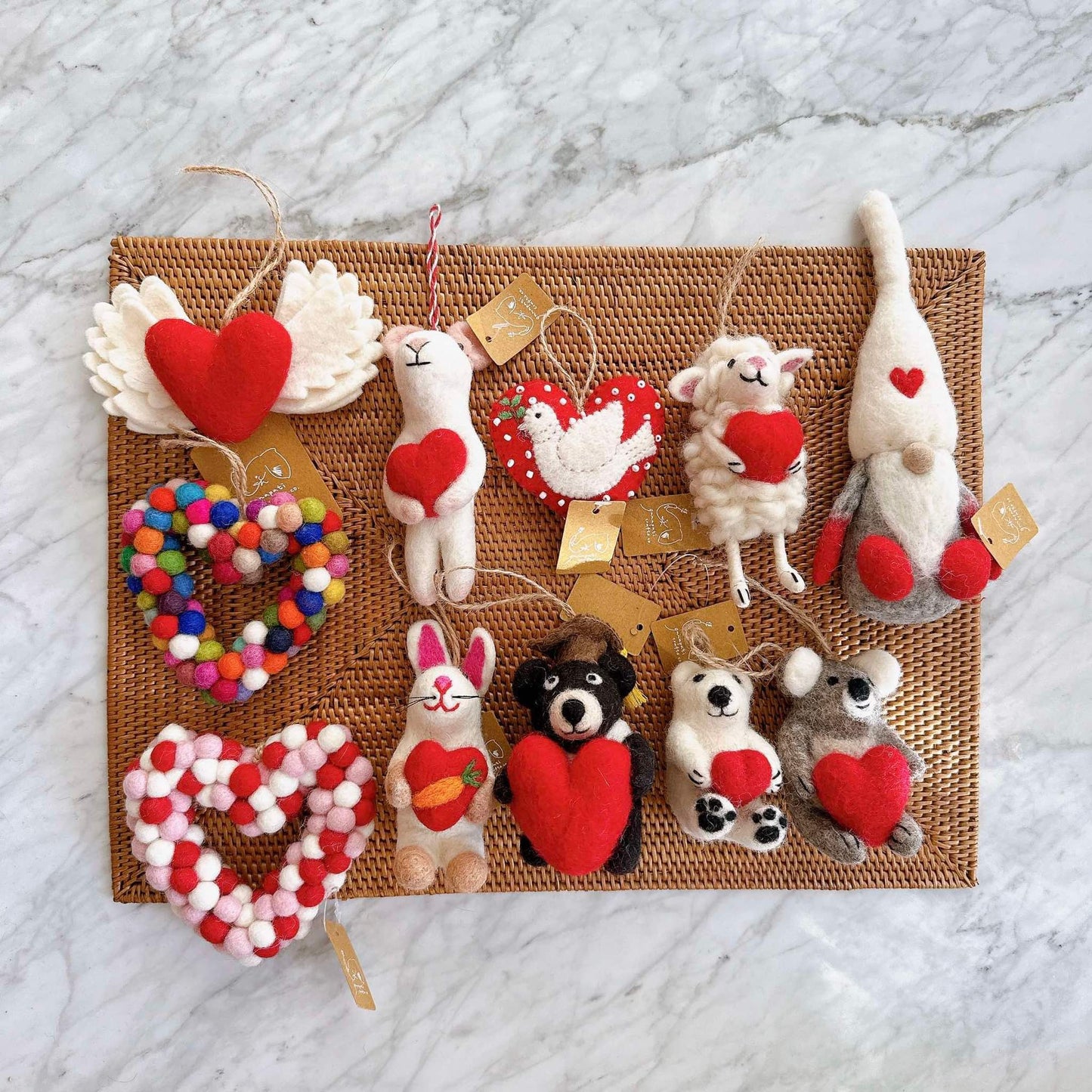 Christmas Heart Ornament Set -11 PCs, Dove, Bear, Koala, Gnome