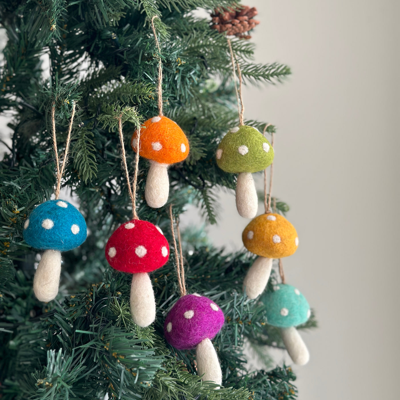 Felt Rainbow Mushroom Ornament Set of 7