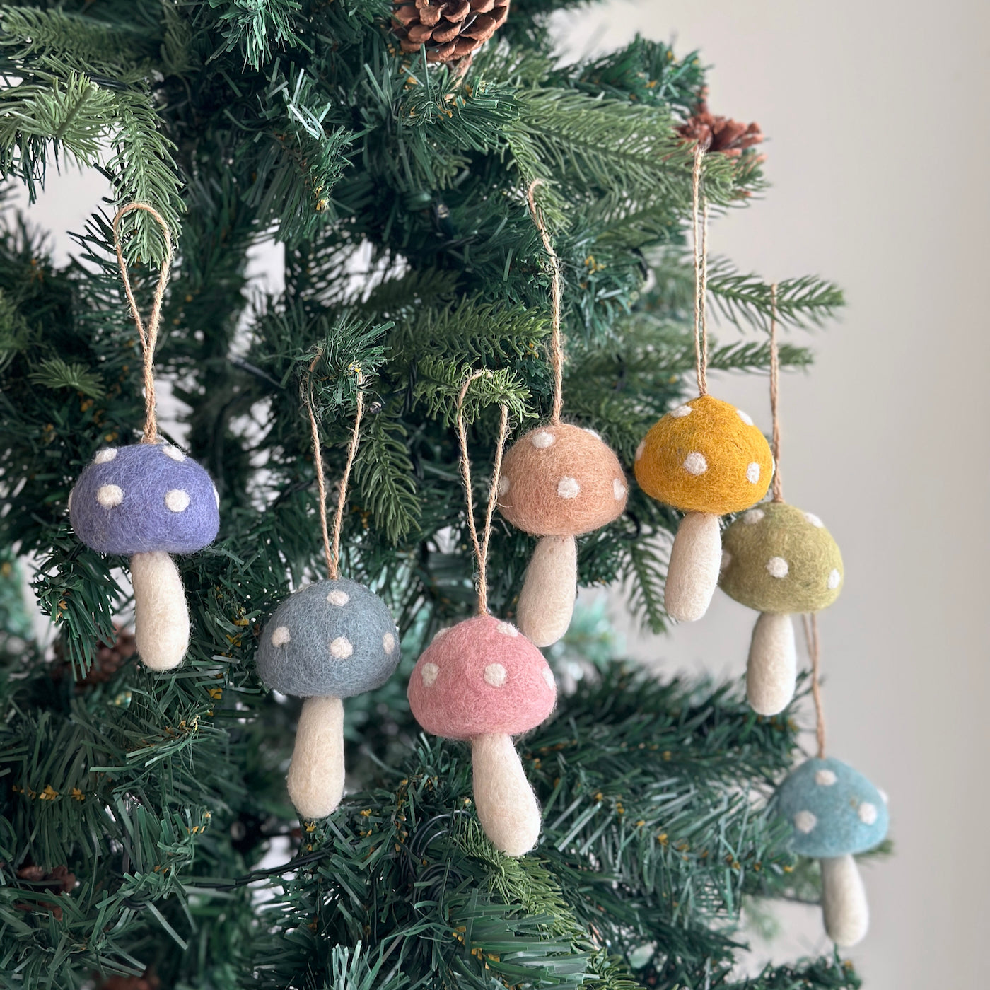 Felt Rainbow Mushroom Ornament Set of 7