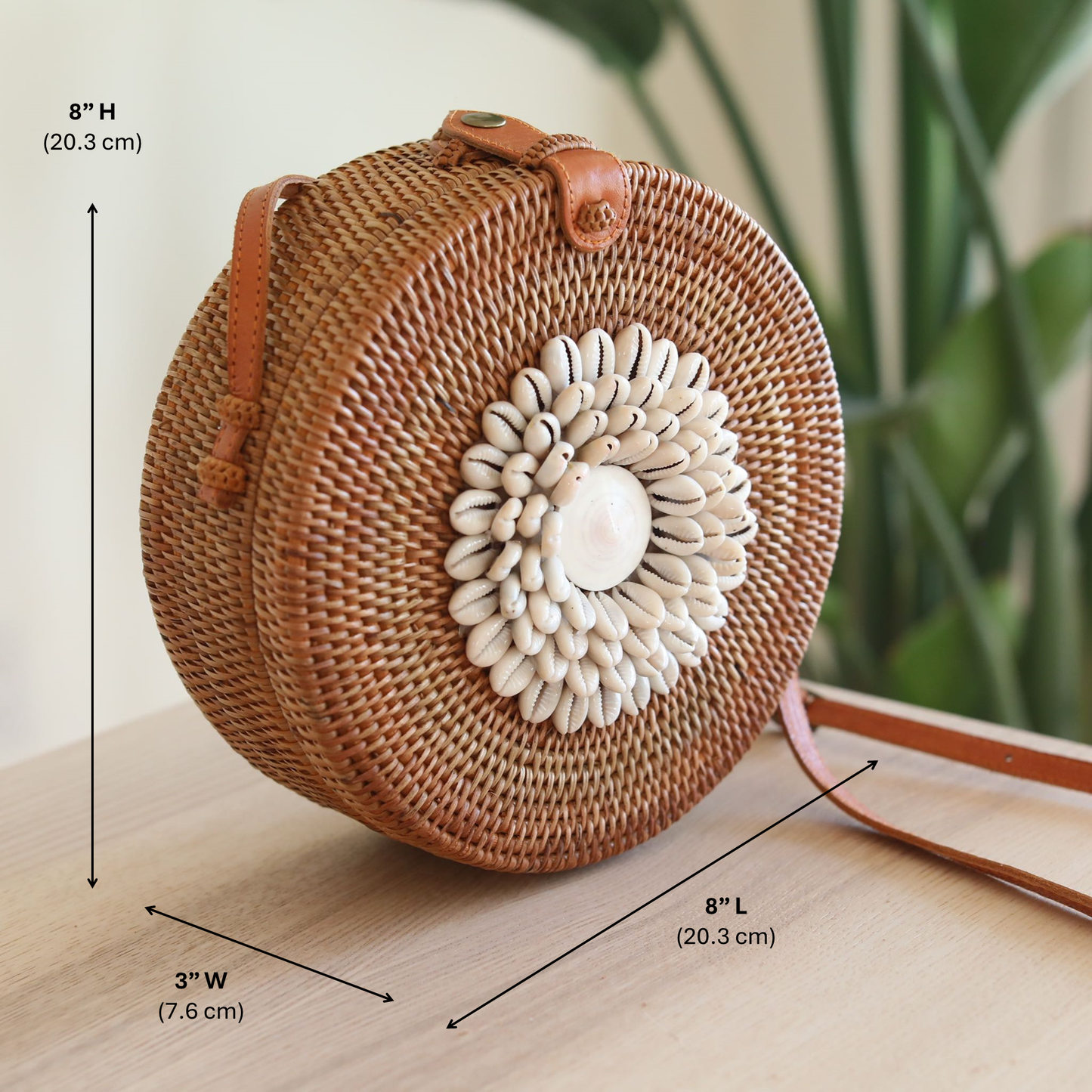 Bali Round Rattan Crossbody Bag Seashell Embellishment with Adjustable Strap