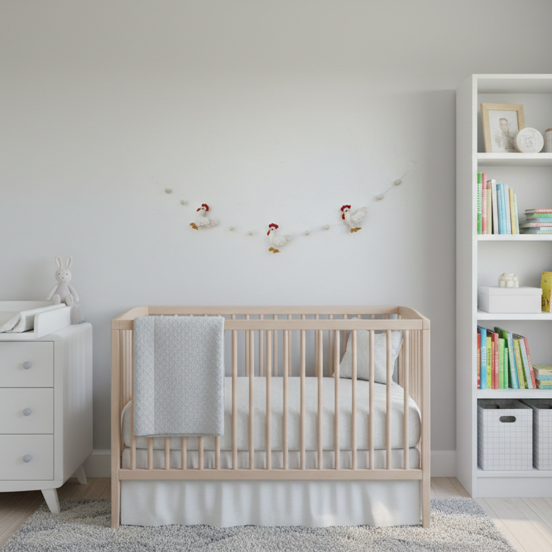 Felt White Chicken Garland Hanging in a Nursery room with a wooden crib, white dresser, and bookshelf.