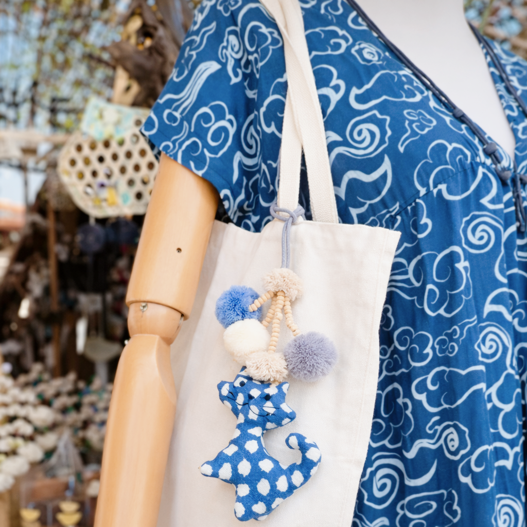 Indigo Cat Bag Charm with Pompom
