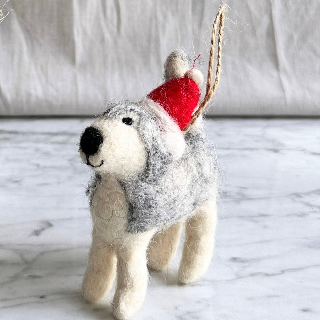 Felt Ornament - Husky with Christmas Hat