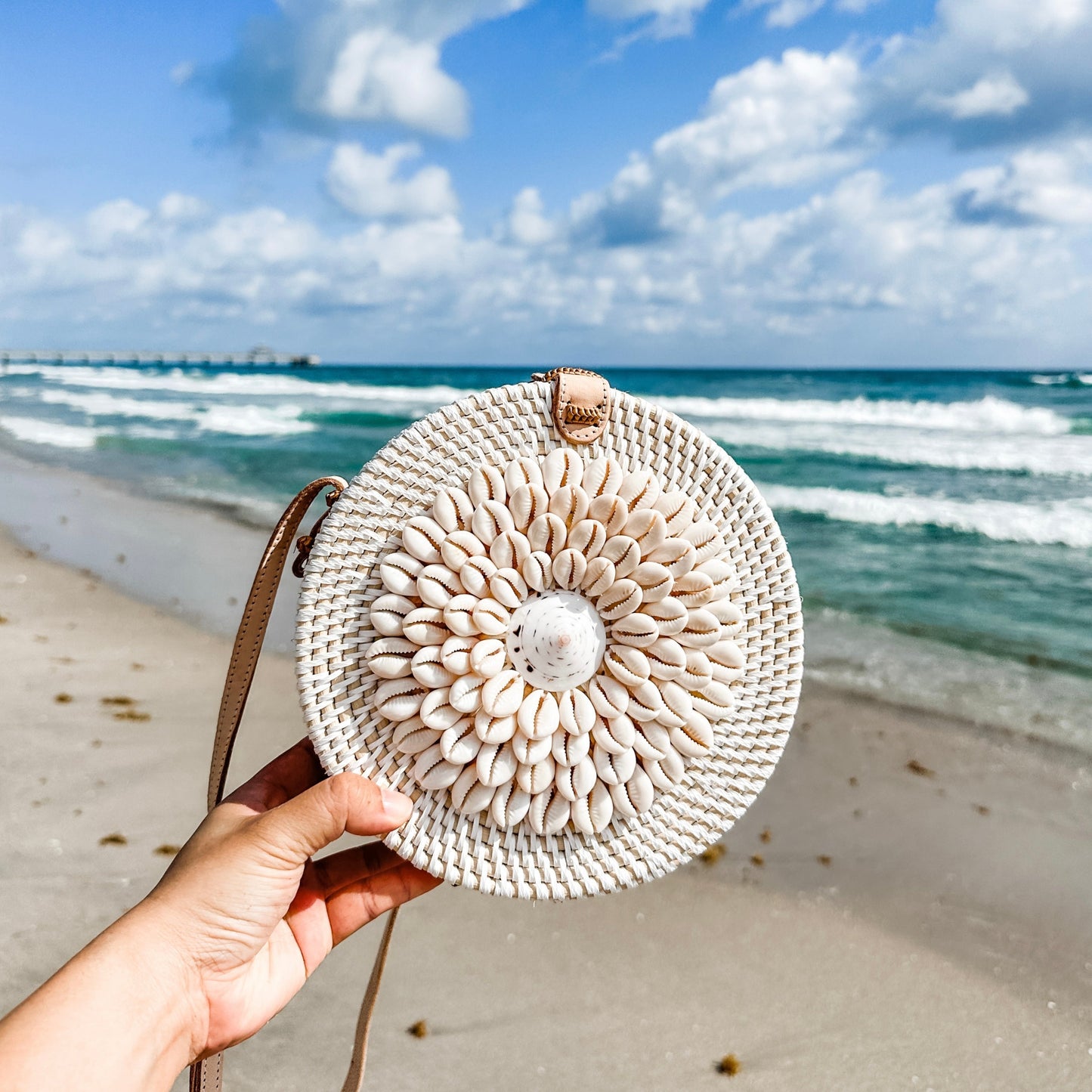 Bali Round Rattan Bag with Seashell Embellishment. Handmade in Bali by Ganapati Crafts Co.